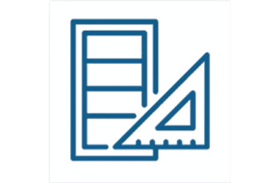 Line icon of a blueprint or plan with a ruler and triangular set square on a light blue background.